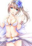  bikini blue_eyes blue_flower breasts brown_hair brown_ribbon cleavage collarbone ekuseria flower hair_flower hair_ornament highres long_hair medium_breasts navel open_mouth ribbon shironeko_project side_ponytail silver_(chenwen) solo swimsuit white_bikini 