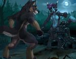  2016 4_toes 5_fingers anthro astorius barefoot biped black_body black_fur black_lips black_nose black_spots black_tail blue_countershading blue_eyes blue_fur blue_tail breasts brown_fur canine casual_nudity chest_tuft chibi-marrow claws cloud countershade_torso countershading detailed_background digital_media_(artwork) digitigrade ear_tuft eyebrows fangs featureless_breasts feline female fluffy fluffy_tail full_moon fur gale_frostbane goo grabbing_from_behind grey_nose group hair hand_on_leg inner_ear_fluff jaguar lips looking_down looking_up male mammal moon multicolored_fur multicolored_tail night nude open_mouth orange_eyes outside purple_claws purple_hair saber-toothed_cat sabertooth_(feature) signature sky snout spots spotted_body standing swamp toe_claws toes tree tuft two_tone_tail white_claws white_fur white_tail wolf zhed 
