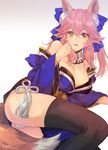  animal_ears ass bell bell_collar blue_legwear breasts collar detached_sleeves fate/extra fate_(series) fox_ears fox_tail hair_ribbon harupy japanese_clothes large_breasts lips looking_at_viewer lying on_side parted_lips pink_hair ribbon solo tail tamamo_(fate)_(all) tamamo_no_mae_(fate) thighhighs thighs yellow_eyes 