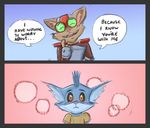  blush clothing comic dialogue english_text eyewear fur goggles hickeybickeyboo league_of_legends male open_mouth riot_games rumble simple_background smile standing teeth text video_games yordle ziggs 