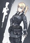  blonde_hair blue_eyes bullet collar ears emblem gun hairband hand_on_hip hands hetza_(hellshock) holster looking_at_viewer military military_uniform nose original rifle side_ponytail simple_background skull sniper_rifle solo uniform weapon weapon_request 