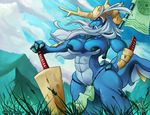  2017 anthro anthrofied areola armor big_breasts breasts clothing cloud female grass loincloth melee_weapon mountain nintendo nipples outside pok&eacute;mon pok&eacute;morph red_eyes samurott sky solo sword video_games weapon zwitterkitsune 