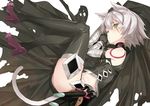  animal_ears arm_belt arm_pillow armor bandaged_arm bandages bangs bare_shoulders black_gloves black_legwear black_panties bodypaint cat_ears cat_tail closed_mouth eyelashes fate/apocrypha fate_(series) flat_chest full_body furisuku gloves green_eyes hair_between_eyes high_heels jack_the_ripper_(fate/apocrypha) kemonomimi_mode light_particles looking_at_viewer lying on_side panties purple_footwear scar scar_across_eye shoes short_hair silver_hair simple_background sleeveless solo tail thighhighs underwear weapon white_background 