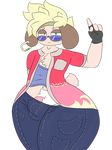  2017 alpha_channel anthro blonde_hair bored_expression bulge clothed clothing coat eyewear floppy_ears gloves green_eyes hair jeans male matsuro_(salamikii) pants penis piercing pubes salamikii skimpy solo sunglasses thick_thighs wide_hips 