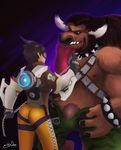  anthro beard bovine brown_fur butt cap.grolarbear chain clothed clothing collar duo e.t.c. eyewear facial_hair female fur goggles hair heroes_of_the_storm horn human male male/female mammal nipples overwatch simple_background size_difference smile tauren tracer_(overwatch) undressing video_games warcraft 