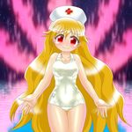  ass_visible_through_thighs blonde_hair blush breasts commentary_request hat head_tilt junko_(touhou) large_breasts long_hair looking_at_viewer nurse_cap one-piece_swimsuit open_hands red_eyes school_swimsuit shiny shiny_clothes smile solo swimsuit thigh_gap touhou very_long_hair white_school_swimsuit white_swimsuit winn 
