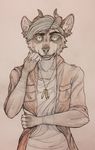  anthro canine clothed clothing evlampyshka fur hair horn looking_at_viewer male mammal solo traditional_media_(artwork) 