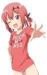  ;d bat_hair_ornament breasts clothes_writing collarbone commentary_request english fang fuck-me_shirt gabriel_dropout hair_ornament hair_rings hand_on_hip highres kannazuki_genshi kurumizawa_satanichia_mcdowell meme_attire no_pants one_eye_closed open_mouth panties profanity red_eyes red_hair red_shirt ribbon shirt side_ponytail simple_background small_breasts smile solo standing striped striped_panties t-shirt underwear v-shaped_eyebrows 