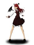  &gt;:) bat_wings belly_peek dress_shirt eyebrows_visible_through_hair frills full_body head_wings highres jnakamura1182 koakuma loafers long_hair long_legs long_sleeves looking_to_the_side necktie outstretched_arms red_eyes red_hair red_neckwear shadow shirt shoes simple_background skirt skirt_set smile solo spread_legs touhou v-shaped_eyebrows vest white_background white_shirt wings 