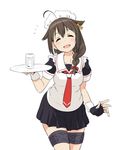  :d ahoge alternate_costume apron blush brown_hair enmaided glass hair_flaps hair_ornament kantai_collection maid maid_headdress necktie open_mouth plate pleated_skirt remodel_(kantai_collection) sailor_collar shigure_(kantai_collection) skirt smile solo tamu_(mad_works) thigh_strap white_background 