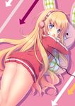  ass bangs blonde_hair blue_eyes blush candy covering_mouth directional_arrow eyebrows_visible_through_hair food from_above from_behind gabriel_dropout headphones holding holding_food jacket leg_up lollipop long_hair looking_at_viewer looking_back lying naked_track_jacket no_panties on_stomach pink_background shadow shibainu_niki silhouette solo star star_print stuffed_animal stuffed_bunny stuffed_toy tenma_gabriel_white thighs track_jacket very_long_hair 