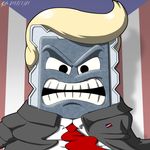 angry close-up clothed clothing donald_trump hair kitsoone looking_at_viewer male mario_bros necktie nintendo not_furry open_mouth president rock solo squint suit teeth thwomp video_games 