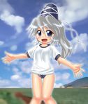  :d ass_visible_through_thighs bangs blue_buruma blue_eyes blue_hat blue_sky blurry blurry_background blush breasts buruma cloud commentary_request day eyebrows_visible_through_hair gym_uniform hair_between_eyes hat knees_together_feet_apart long_hair looking_at_viewer mononobe_no_futo open_mouth outdoors outstretched_arms outstretched_hand ponytail shiny shiny_hair shiny_skin shirt silver_hair sky small_breasts smile solo spread_arms standing tate_eboshi thigh_gap touhou white_shirt winn 