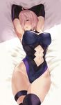  armpits elbow_gloves fate/grand_order fate_(series) gloves hair_over_one_eye highres lying mash_kyrielight navel navel_cutout pink_hair purple_eyes solo thigh_strap thighhighs tokopi 