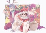  2015 2boys antlers bad_source bare_shoulders blue_eyes bow bowtie breasts brown_hair cake chain_necklace christmas cleavage collarbone cup dated dress drinking_glass flower food gloves hair_flower hair_ornament highres holding kairi_(kingdom_hearts) kingdom_hearts lemonade looking_at_viewer medium_breasts mikanaikaru multiple_boys pink_hair reindeer_antlers ribbon riku sack santa_costume short_hair shorts sitting smile sora_(kingdom_hearts) wine_glass 