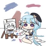  1girl ahoge applecereal barefoot beret blue_hair blush canvas_(object) chibi chibi_only commentary_request dress flower griseo griseo_(starry_impression) hair_flower hair_ornament hat holding holding_paint_palette holding_paintbrush honkai_(series) honkai_impact_3rd korean_commentary long_hair lowres meme paint_palette paintbrush painting_(object) purple_eyes solo teri_derp_(meme) theresa_apocalypse white_dress 