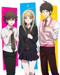  2boys ahoge akamatsu_kaede akamatsu_kaede_(cosplay) bad_id bad_twitter_id beamed_eighth_notes black_legwear blazer blonde_hair brown_hair cosplay costume_switch danganronpa danganronpa_1 eighth_note green_neckwear height_difference highres hinata_hajime hinata_hajime_(cosplay) hood hoodie jacket kneehighs long_hair multiple_boys musical_note musical_note_hair_ornament musical_note_print naegi_makoto naegi_makoto_(cosplay) necktie new_danganronpa_v3 number okuragon orange_neckwear pink_eyes quarter_note school_uniform short_hair simple_background smile super_danganronpa_2 sweatdrop sweater_vest white_background yellow_eyes 