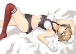  armpits black_skirt blush breasts collarbone commentary_request gloves green_eyes hair_between_eyes halter_top halterneck hand_on_head kantai_collection large_breasts leg_lift looking_at_viewer lying masukuza_j mutsu_(kantai_collection) navel on_bed pleated_skirt red_legwear short_hair single_thighhigh skirt smile solo striped striped_legwear striped_skirt thighhighs white_gloves 