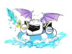  1boy ^_^ afloat arm_up armor bat_wings closed_eyes happy holding holding_sword holding_weapon innertube kirby_(series) male_focus mask meta_knight pauldrons shoulder_armor simple_background solo striped_innertube swim_ring sword water weapon white_background wings zattamaki 