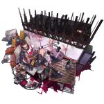  1girl bikini black_bikini black_hair bodysuit book chair feet_on_table fire_extinguisher from_above game_cg girls&#039;_frontline girls&#039;_frontline_neural_cloud hatsuchiri_(neural_cloud) highres holding holding_book lin+ looking_at_viewer official_art oxygen_tank red_eyes sign sitting solo swimsuit swimsuit_under_clothes third-party_source transparent_background unzipped warning_sign wavy_hair 