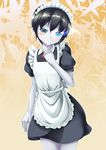  alternate_costume apron black_hair blue_eyes blush commentary_request contrapposto cowboy_shot enmaided frown glowing glowing_eyes gradient gradient_background hand_on_own_chest head_tilt highres kantai_collection kirimori_toya looking_at_viewer maid maid_apron maid_headdress orange_background pale_skin puffy_short_sleeves puffy_sleeves ri-class_heavy_cruiser shinkaisei-kan short_hair short_sleeves solo standing two-tone_background 