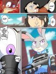  absurd_res anthro beagle_boys bodily_fluids brown_eyes brown_hair canid canine clothing comic crossover dialogue disney ducktales ducktales_(2017) duke_weaselton english_text eye_patch eyewear female fur grey_body grey_fur group gun hair hi_res human judy_hopps kerchief lagomorph leporid male mammal mustelid musteline pale_skin police police_officer police_uniform purple_eyes rabbit ranged_weapon rcblackdie rcblackdie_(character) red_body red_eyes red_fur rifle scar smile smiling_at_viewer sniper_rifle speech_bubble sweat text the_only_one tranquilizer true_musteline unconcious uniform weapon weasel zootopia 