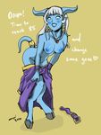  animal_humanoid belt breasts clothing draenei english_text female horn humanoid jewelry monster_girl_(genre) necklace robe smile standing tagme text video_games warcraft 