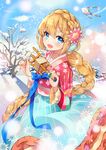  ayamy bangs blonde_hair blue_eyes blush braid cowboy_shot crown_braid dress earmuffs flower hair_flower hair_ornament hanbok highres kite korean_clothes long_hair looking_at_viewer marie_(sid_story) official_art open_mouth outdoors sid_story smile snow solo very_long_hair winter 