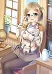  book breasts buttons chair commentary_request curtains desk epaulettes folded_ponytail glasses gloves green_eyes highres indoors kantai_collection katori_(kantai_collection) large_breasts long_hair long_sleeves looking_at_viewer military military_uniform pantyhose plant sitting smile solo sunlight table umitonakai uniform white_gloves window 