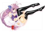  absurdres antenna_hair black_legwear blue_ribbon bow braid feet hair_bobbles hair_bow hair_ornament highres jewelry long_hair maid maid_headdress neck_ring open_mouth original panties purple_eyes purple_hair ribbon solo take_toshiaki thighhighs underwear 