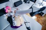  1girl copyright_request cosplay dress headdress lana_rain maid panties photo pink_eyes pink_hair ram_(re:zero) short_hair thighhighs upskirt 