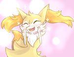  2017 ambiguous_gender blush braixen canine cute eyes_closed fox fur mammal nintendo nude open_mouth pink_background pok&eacute;mon red_fur simple_background smile solo teeth tongue tuft unknownlifeform video_games white_fur yellow_fur 