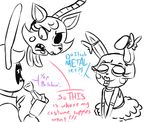  2015 animatronic anthro buckteeth canine clothed clothing costume crossdressing dialogue ear_bow english_text exposed_endoskeleton female five_nights_at_freddy&#039;s five_nights_at_freddy&#039;s_2 fox group inkyfrog lagomorph lipstick machine makeup male mammal mangle_(fnaf) rabbit restricted_palette robot simple_background teeth text toy_bonnie_(fnaf) video_games white_background withered_bonnie_(fnaf) 