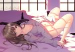  ahoge bed bottomless breasts brown_hair cleavage green_eyes highres long_hair looking_at_viewer lying medium_breasts naked_shirt navel no_bra on_back on_bed original shirt shokuyou_mogura socks solo unbuttoned unbuttoned_shirt window 