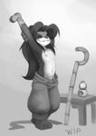  anthro breasts cup cute_fangs eyes_closed female li_li_stormstout monochrome navel pandaren simple_background solo staff streching table tagme unfinished video_games warcraft white_background 