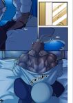 age_difference anthro arcanine bed bodily_fluids bulge comic duo english_text entei entei_(shinobiya) furniture generation_1_pokemon generation_2_pokemon hair hands_behind_neck hi_res kiss_on_lips kissing legendary_pokemon male male/male muscular muscular_male nintendo onomatopoeia pokemon pokemon_(species) scar shinobiya sound_effects sweat tail text windy_(shinobiya)