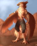  abs athletic avian beak claws clothed clothing foot_wraps hornedfreak looking_at_viewer pecs solo standing talons topless unimpressed winged_arms wings wraps 