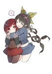  arms_around_neck black_hair blush brown_eyes chabashira_tenko closed_eyes cropped_legs danganronpa hair_ribbon heart hug hug_from_behind long_sleeves low_twintails mole mole_under_mouth multiple_girls new_danganronpa_v3 pantyhose pleated_skirt red_hair ribbon saru school_uniform short_hair skirt smile spoken_heart twintails yumeno_himiko yuri 