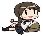  90mm_single_high-angle_gun_mount bamomon blue_skirt braid brown_hair chibi commentary_request fairy_(kantai_collection) hair_over_shoulder hair_ribbon kantai_collection long_hair lowres open_mouth pleated_skirt ribbon sailor_collar school_uniform serafuku short_sleeves single_braid skirt solid_oval_eyes solo uranami_(kantai_collection) 