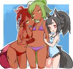  ahoge animal_ears arm_hug bikini black_frills black_hair blue_swimsuit breasts bright_pupils casual_one-piece_swimsuit dark_skin done_(donezumi) fang flat_chest frilled_swimsuit frills girl_sandwich green_eyes hair_ornament hairclip horns light_green_hair multiple_girls navel o-ring o-ring_bikini o-ring_top one-piece_swimsuit original pointy_ears ponytail protected_link purple_bikini red_bikini red_eyes red_hair rococo_(nezumi_inu) sandwiched short_hair_with_long_locks small_breasts swimsuit tail tattoo titi-chan_(nezumi_inu) yellow_eyes 