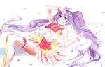  ahoge bad_id bad_pixiv_id blush boo_1 bow bracelet detached_sleeves dress green_eyes hair_bow hand_on_own_face highres jewelry long_hair lying manaka_lala partially_submerged pretty_(series) pripara purple_hair simple_background skirt solo thighhighs twintails very_long_hair water wet wet_clothes white_background 