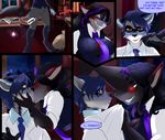  2016 adrian_espirit anthro big_breasts blue_hairs breasts canine clothed clothing comic english_text f-ss female fish hair male mammal marine orange_eyes raccoon red_eyes scarlett_vithica shark smile text transformation wolf 