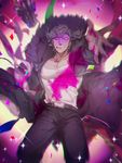  1boy black_hair blood blood_from_mouth bloody_clothes bloody_hand chromatic_aberration confetti danganronpa danganronpa_3 dark_skin dark_skinned_male falling fur-lined_jacket green_hair jacket looking_at_viewer male_focus muscle no_hikado outstretched_arm pink_blood sakakura_juuzou shaded_face solo sparkle 