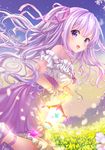  bare_shoulders bug butterfly dress eyebrows eyebrows_visible_through_hair hair_ribbon highres holding_lantern insect kneeling lantern long_hair looking_at_viewer one_side_up open_mouth original outdoors pink_ribbon purple_eyes ribbon sakura_moyon silver_hair solo strapless strapless_dress 