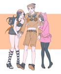  2girls animal_ears arm_hug bandana bear_ears black_eyes black_hair breasts cleavage dixie_cup_hat fake_animal_ears groin hat higashikata_daiya higashikata_jousuke_(jojolion) high_heels hood jojo_no_kimyou_na_bouken jojolion large_breasts long_hair midriff military_hat multiple_girls navel orange_eyes pantyhose reammara sailor_collar sakunami_karera shoes short_shorts shorts sneakers striped striped_legwear tooth_gap vertical-striped_legwear vertical_stripes 