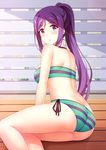  ass bare_shoulders bikini blush breasts lens_flare long_hair looking_back love_live! love_live!_sunshine!! matsuura_kanan medium_breasts mmrailgun ponytail purple_eyes purple_hair solo striped striped_bikini swimsuit wooden_floor 