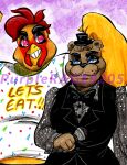 2016 4_fingers anthro artist_name avian avian_caruncle beak bear bird black_bottomwear black_bow_tie black_clothing black_eyebrows black_eyelids black_nose black_pants black_topwear black_vest blue_eyes bottomwear bow_tie brown_bear brown_body brown_fur brown_hair button_(fastener) cageyshick05_(artist) chica_(fnaf) chicken chubby_cheeks clothed clothed_anthro clothed_female clothed_male clothing colored_pencil_(artwork) comb_(anatomy) crossgender dewlap_(anatomy) duo ear_piercing ear_ring electronics english_description english_text eye_contact eyebrows eyelashes feather_hands feathers female female_anthro fingers five_nights_at_freddy&#039;s flexing flexing_bicep freddy_(fnaf) ftm_crossgender fully_clothed fully_clothed_anthro fully_clothed_female fur galliform gallus_(genus) grey_dress_shirt hair half-closed_eyes head_crest holding_microphone holding_object larger_anthro larger_male light lighting looking_at_another male male/female male_anthro mammal marker_(artwork) microphone mtf_crossgender musclegut muscular muscular_anthro muscular_male narrowed_eyes orange_body orange_feathers overweight overweight_anthro overweight_male pants phasianid piercing pink_eyes purple_background red_hair ring_piercing scottgames shaded shirt short_hair simple_background size_difference smaller_female smile smiling_at_another smiling_at_partner t-shirt text text_on_t-shirt thick_eyebrows toothy_grin topwear traditional_media_(artwork) ursine vest wattle whisker_spots white_clothing white_shirt white_t-shirt white_topwear yellow_beak