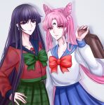  2girls bag bishoujo_senshi_sailor_moon black_hair black_lady_(sailor_moon) blue_skirt bow bowtie chibi_usa commentary earrings facial_mark forehead_mark green_bow green_bowtie green_skirt grey_background hand_on_own_hip highres holding holding_bag jewelry light_smile long_hair long_sleeves looking_at_viewer mistress_9 multiple_girls parted_lips pink_hair purple_eyes purple_lips red_bow red_bowtie red_eyes red_shirt school_uniform self_cosplay serafuku shadow shirt skirt star_(symbol) star_print symbol-only_commentary tomoe_hotaru twintails wbr_komet white_serafuku white_shirt 