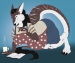 2021 4_fingers anthro apron barefoot belly bent_legs big_belly big_breasts black_claws black_hair black_tail_tuft blue_background blue_bottomwear blue_clothing blue_shorts book bottomwear breasts brown_body brown_fur brown_tail cheek_tuft claws closed_smile clothed clothed_anthro clothed_female clothing colored container cup digital_drawing_(artwork) digital_media_(artwork) english_description facial_tuft feet female female_anthro finger_claws fingers fully_clothed fully_clothed_anthro fully_clothed_female fur gradient_background hair light lighting long_hair long_tail mouth_closed mug multicolored_body multicolored_fur pockets pregnant pregnant_anthro pregnant_female pregoo reading reading_book red_apron red_clothing sergal shaded shirt shorts simple_background simple_shading smile solo steam stripes t-shirt tail tail_tuft tan_clothing tan_shirt tan_t-shirt tan_topwear thick_thighs toe_claws topwear tuft two_tone_body two_tone_fur two_tone_tail valkyrie_(mioulgaw) wavy_hair white_body white_fur white_inner_ear white_stripes white_tail yellow_eyes