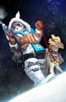  alternate_costume animalization dog dog_walking dutch_angle from_below goggles gun highres junkrat_(overwatch) leash mei_(overwatch) overwatch pimo_(pinkmojitodiary) snowing weapon yeti_hunter_mei 